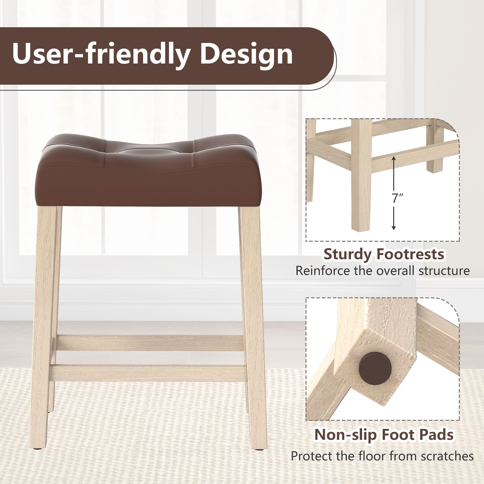 Set of 4 Upholstered Counter Height Bar Stool with Curved Saddle-Seat, Brown Bar Stools at Gallery Canada