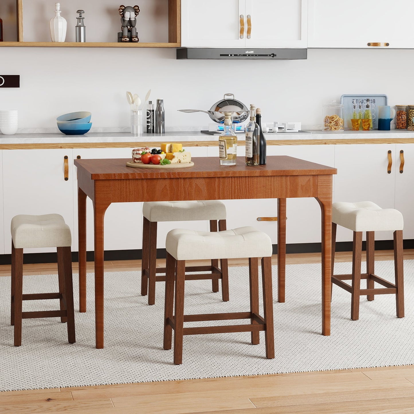 Set of 4 Upholstered Counter Height Bar Stool with Curved Saddle-Seat, Natural Bar Stools at Gallery Canada