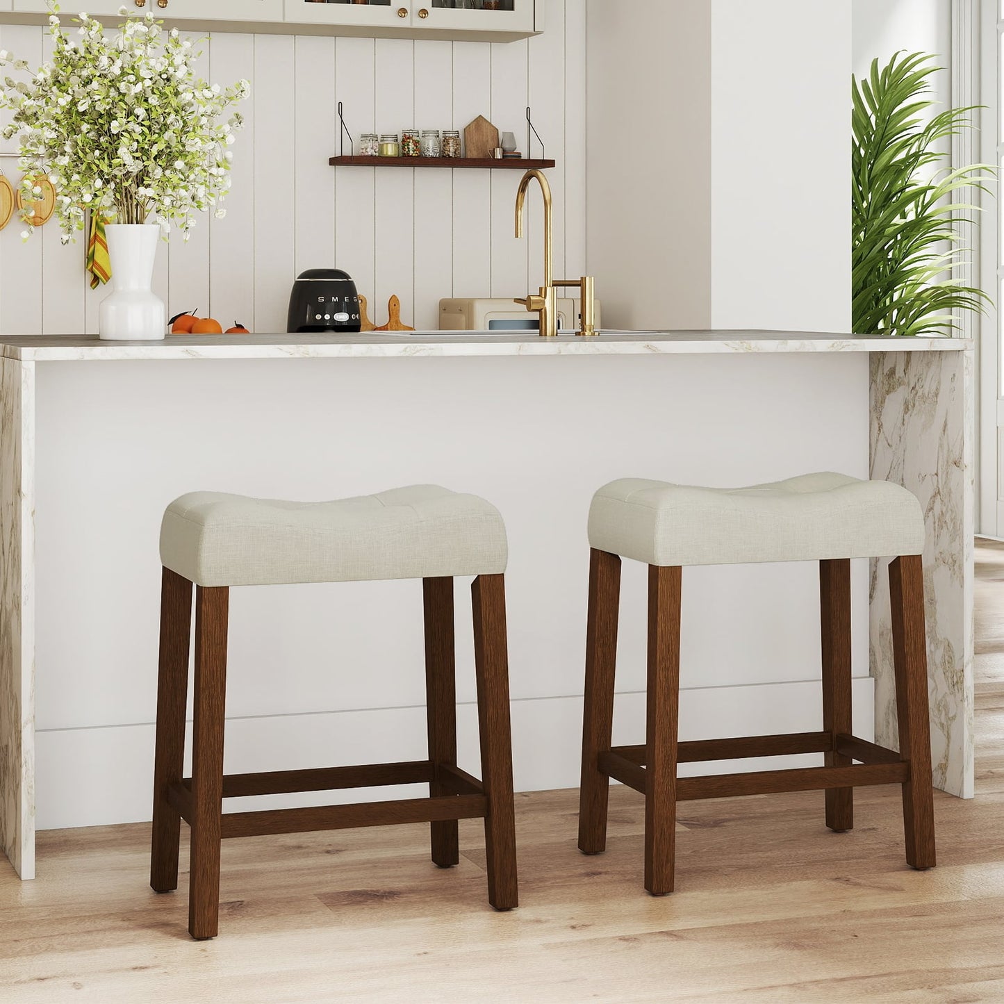 Set of 4 Upholstered Counter Height Bar Stool with Curved Saddle-Seat, Natural Bar Stools at Gallery Canada