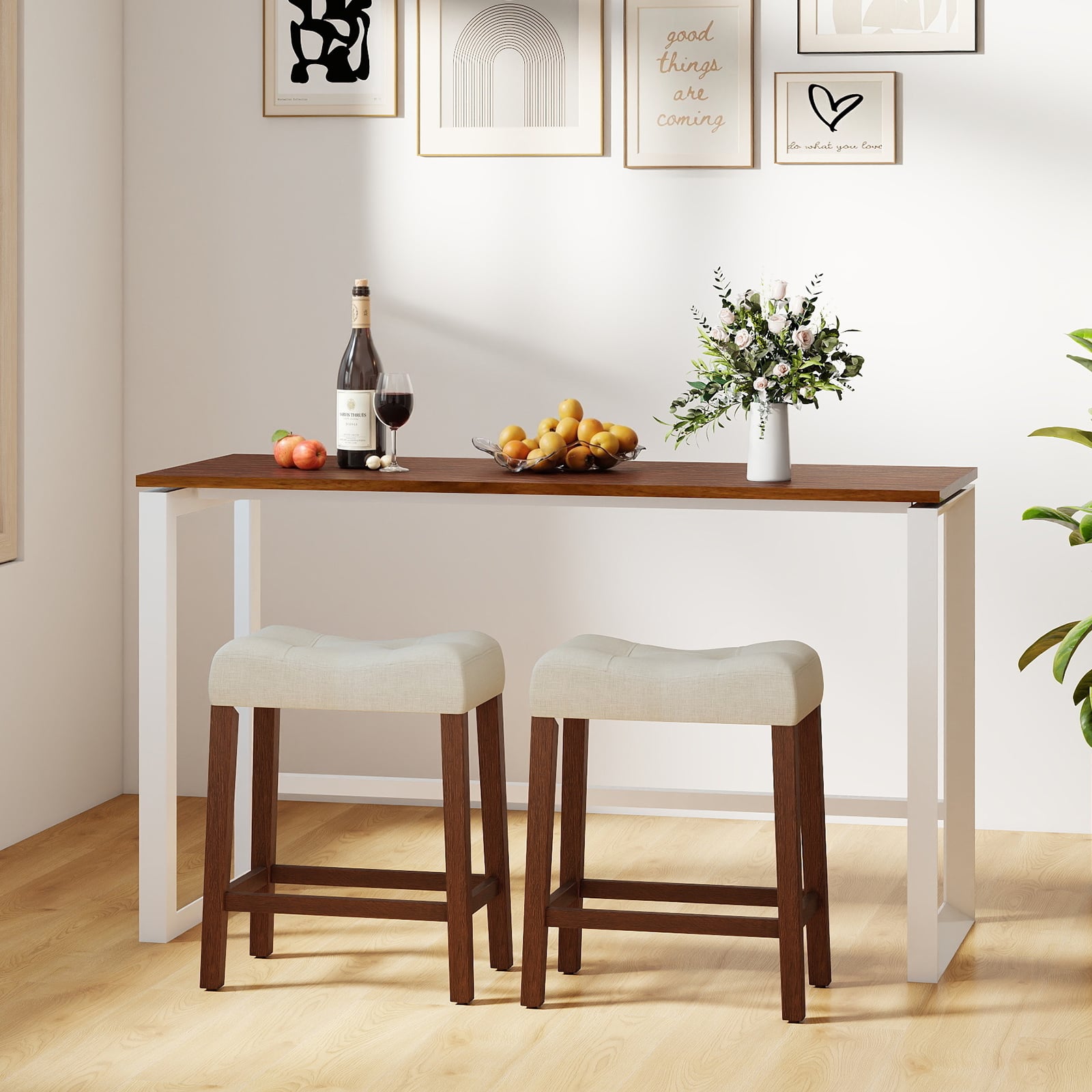 Set of 4 Upholstered Counter Height Bar Stool with Curved Saddle-Seat, Natural Bar Stools at Gallery Canada