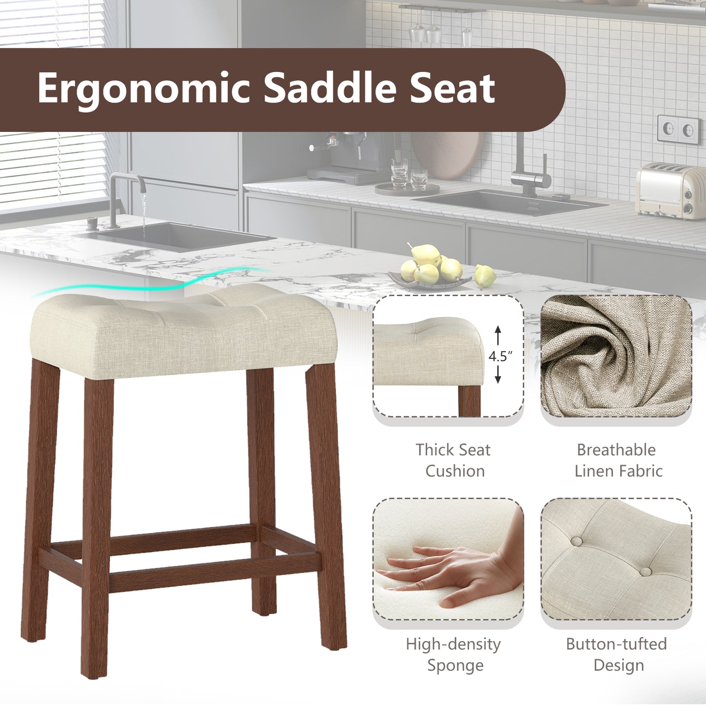 Set of 4 Upholstered Counter Height Bar Stool with Curved Saddle-Seat, Natural Bar Stools at Gallery Canada