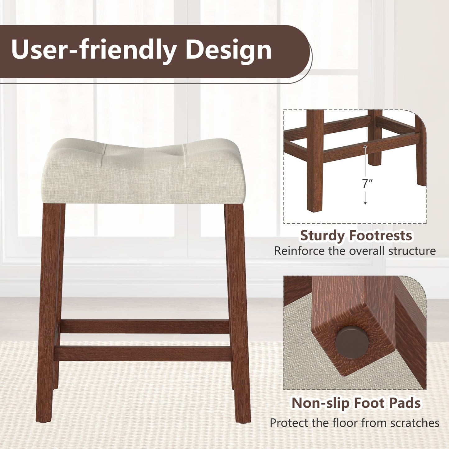 Set of 4 Upholstered Counter Height Bar Stool with Curved Saddle-Seat, Natural Bar Stools at Gallery Canada