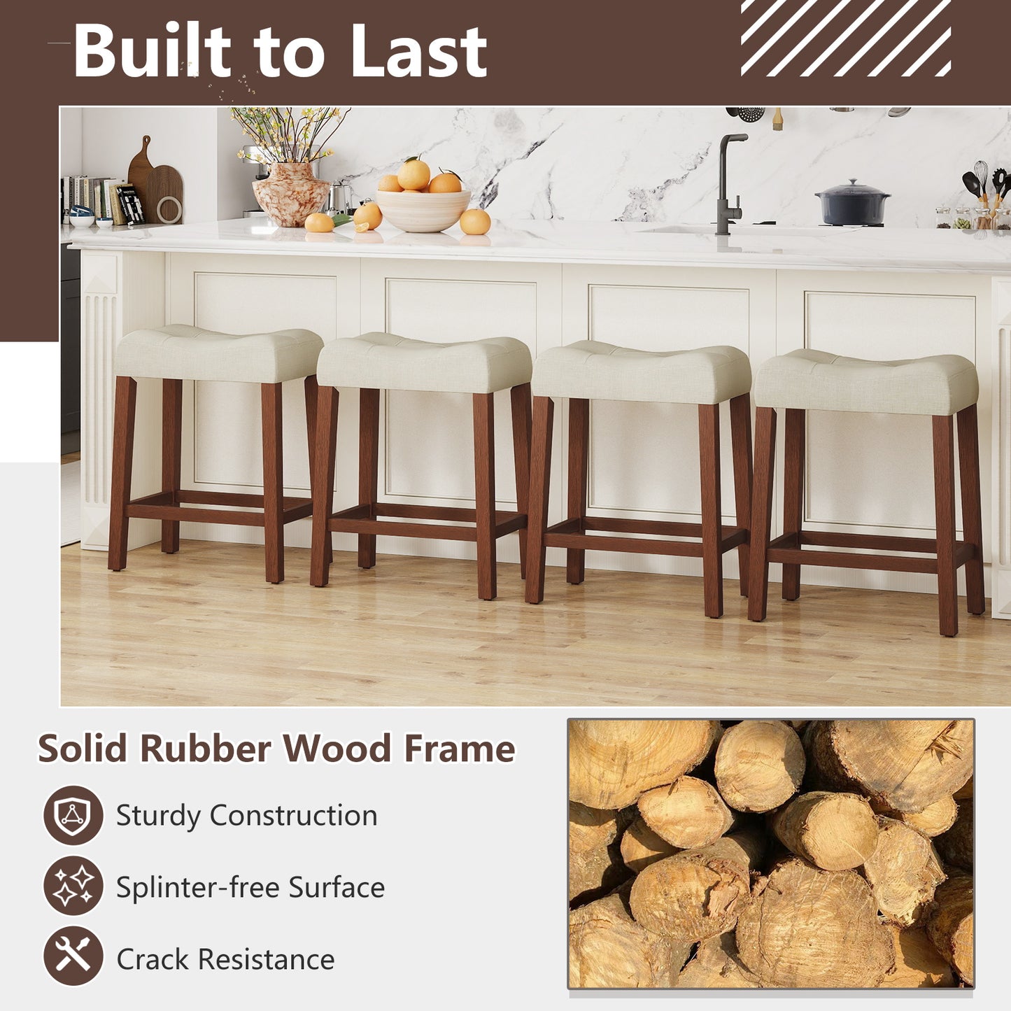 Set of 4 Upholstered Counter Height Bar Stool with Curved Saddle-Seat, Brown Bar Stools at Gallery Canada