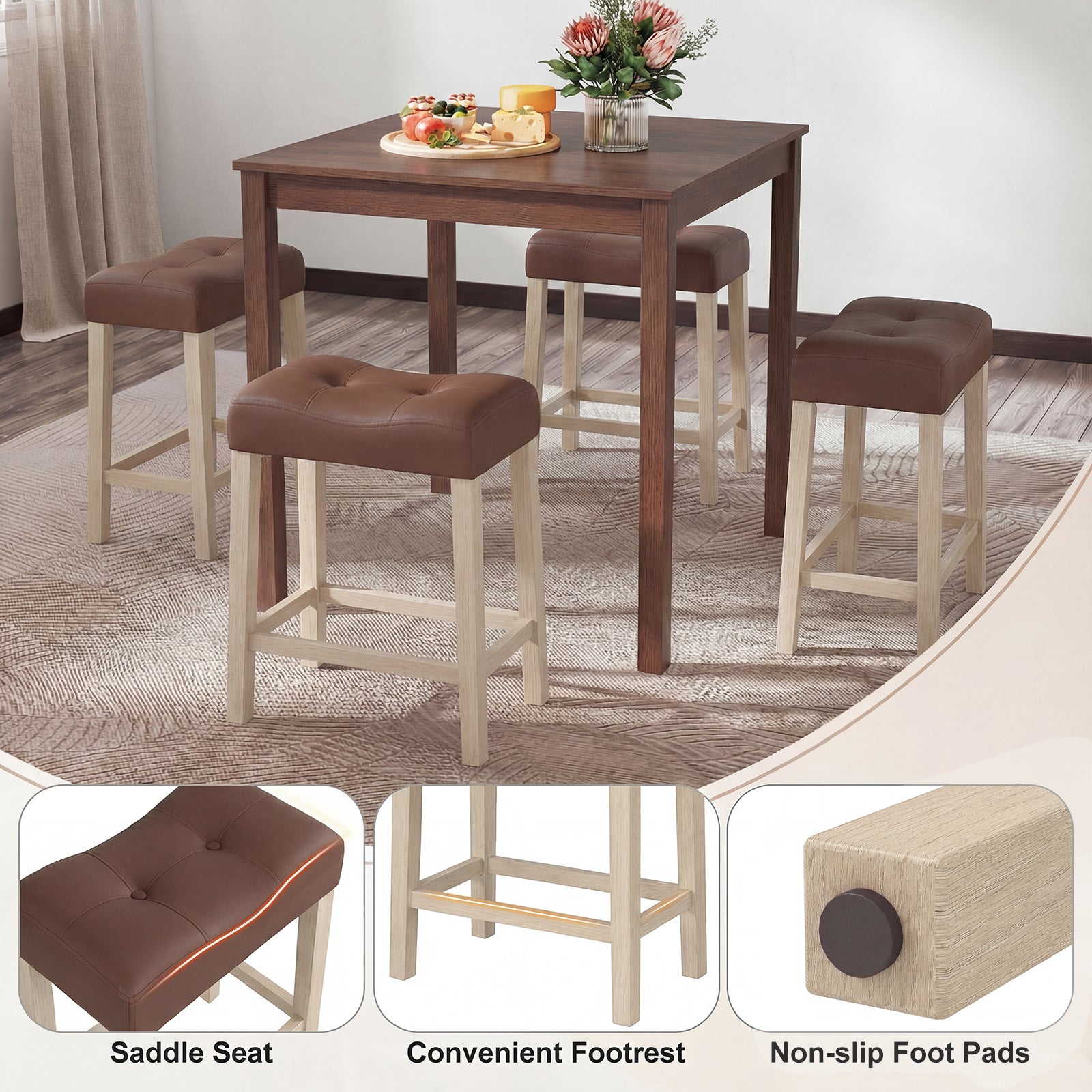 Set of 4 Upholstered Counter Height Bar Stool with Curved Saddle-Seat, Natural Bar Stools at Gallery Canada