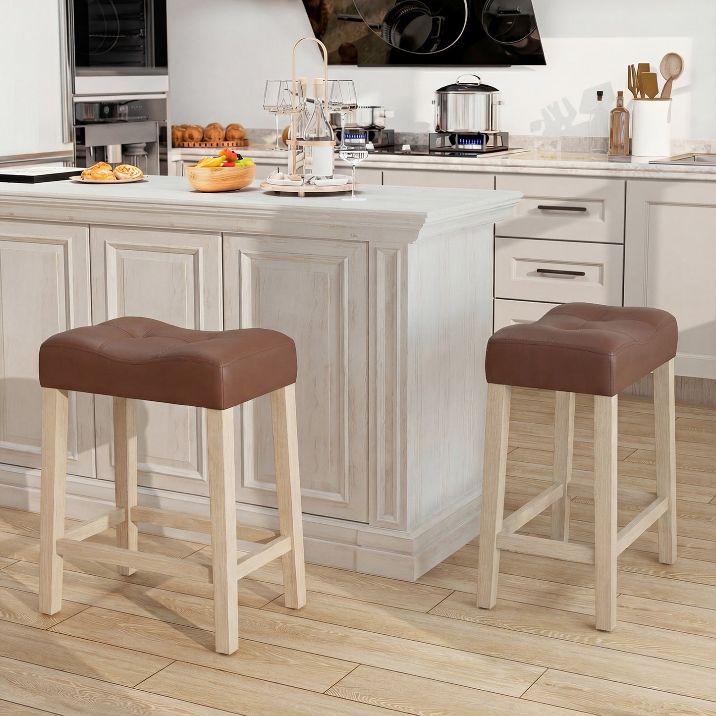 Set of 4 Upholstered Counter Height Bar Stool with Curved Saddle-Seat, Natural Bar Stools at Gallery Canada