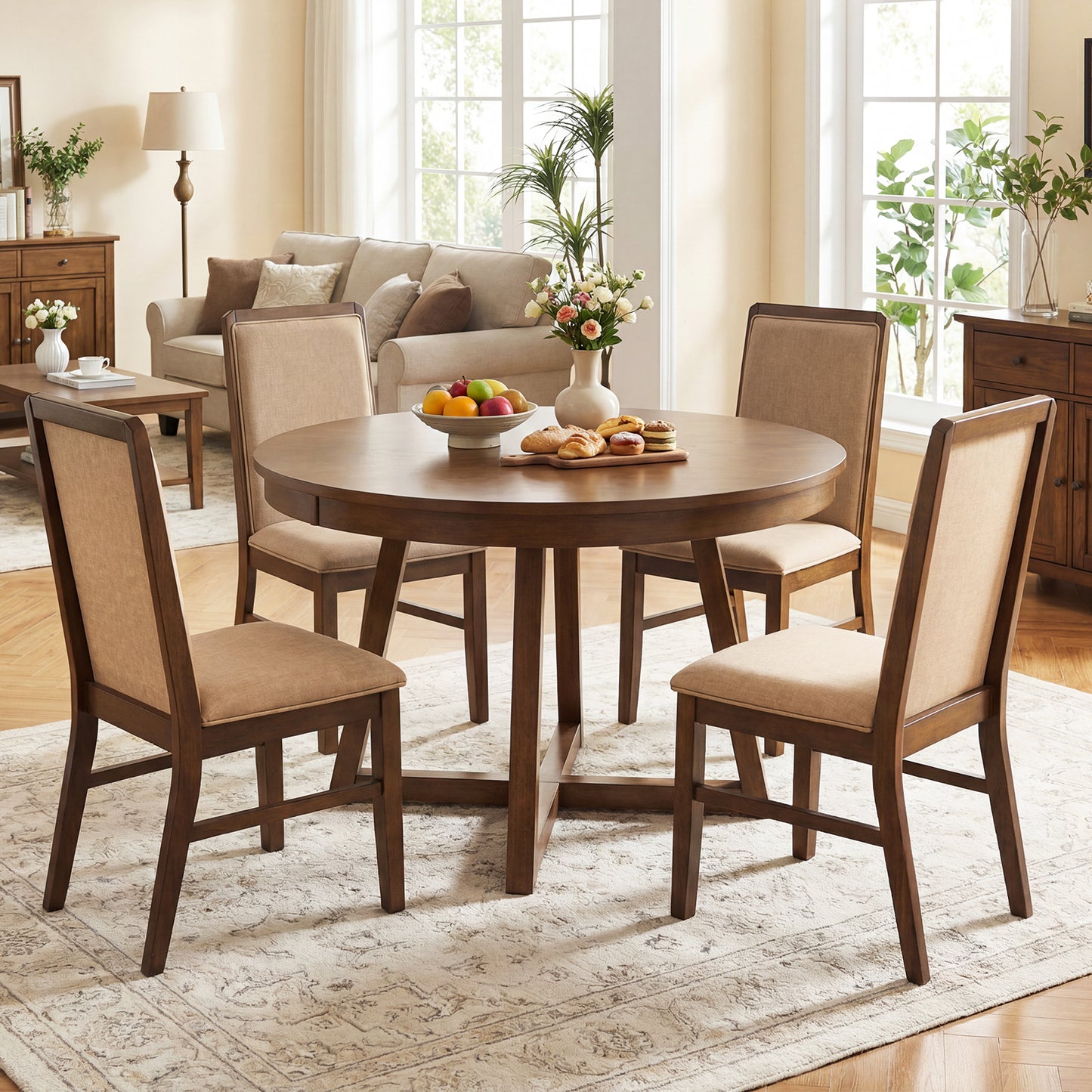 Set of 4 Upholstered Dining Chairs, Solid Rubber Wood Legs, Brown Dining Chairs at Gallery Canada
