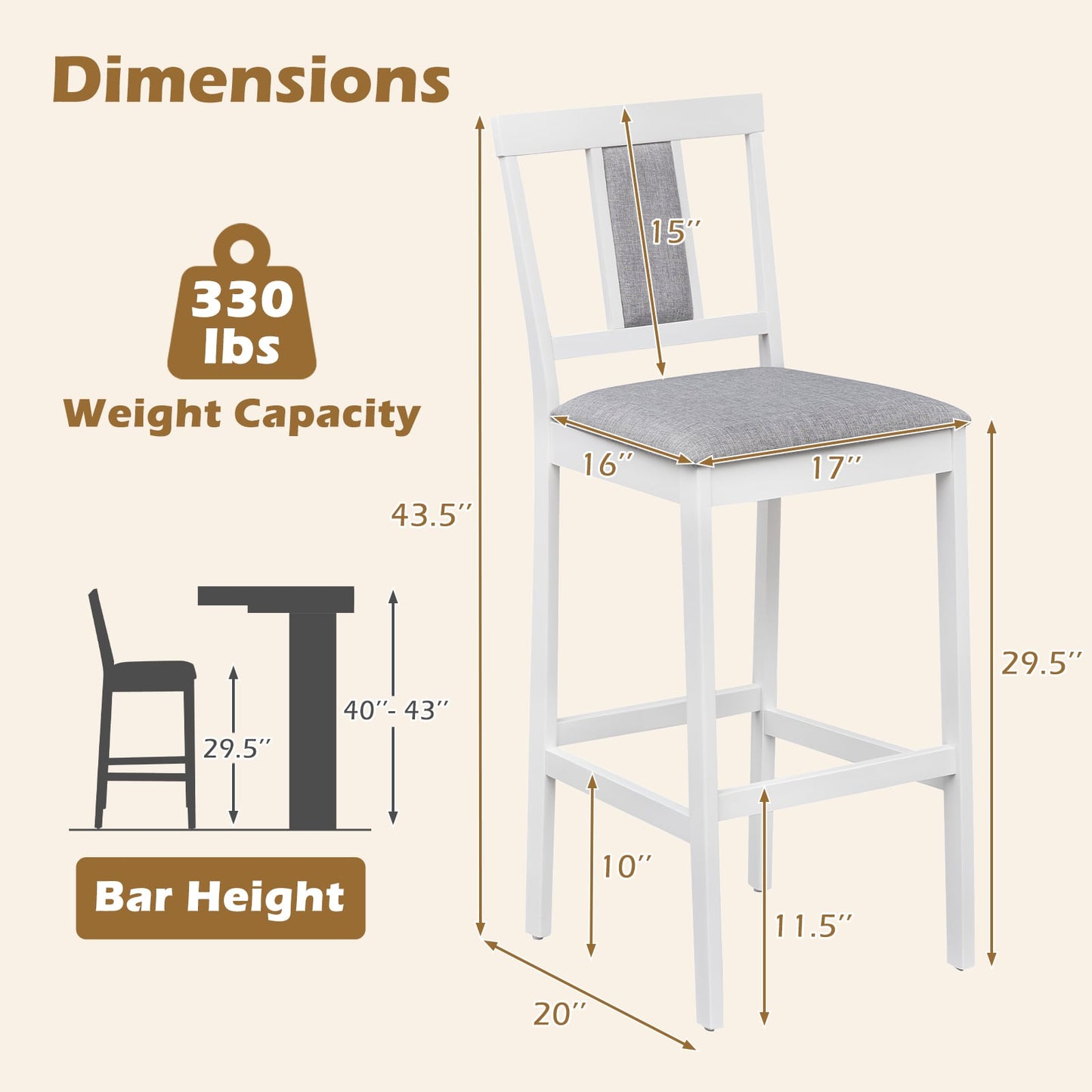 Set of 4 Upholstered Barstools, 29.5 Inch Bar Height, Solid Rubber Wood Frame, White Bar Stools at Gallery Canada