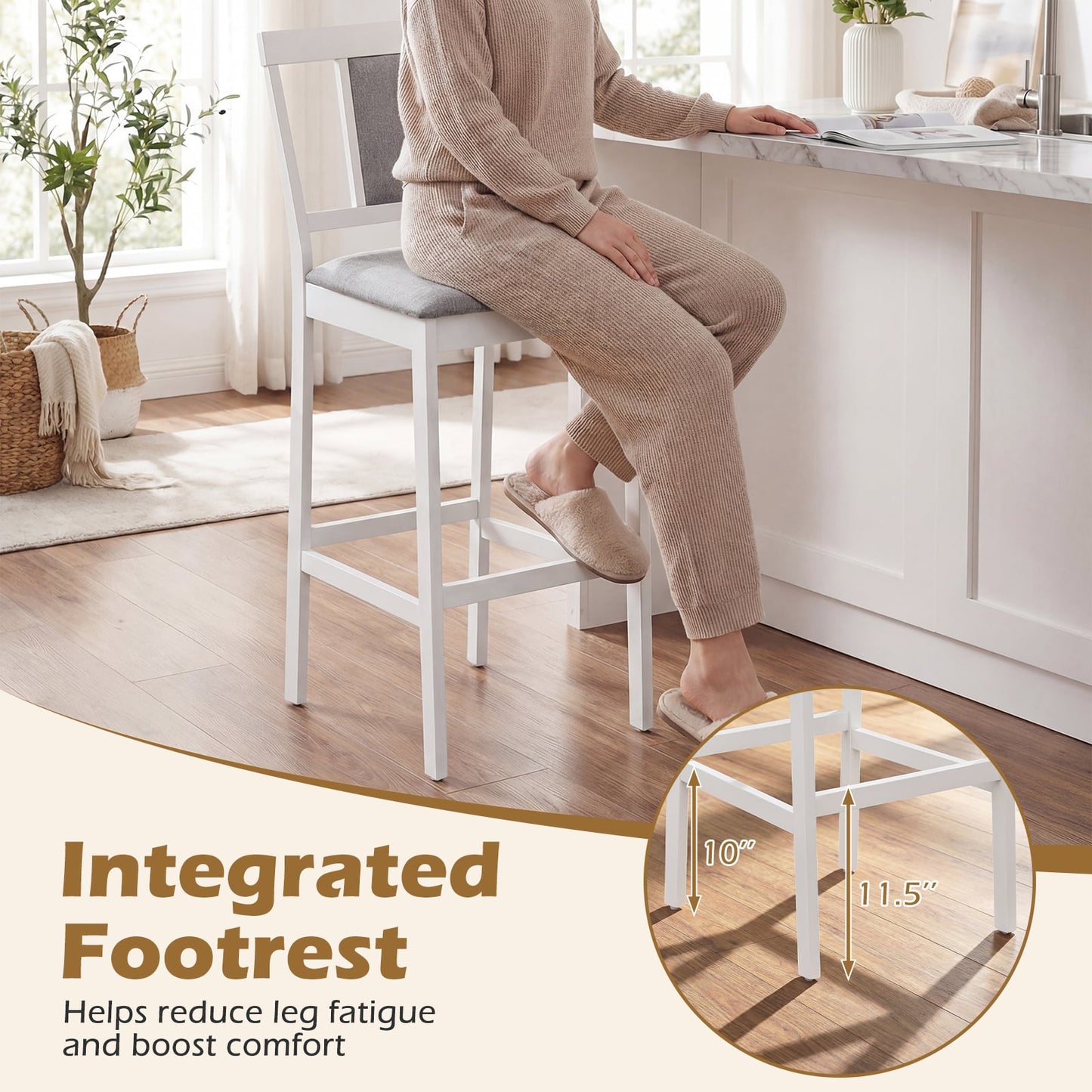 Set of 4 Upholstered Barstools, 29.5 Inch Bar Height, Solid Rubber Wood Frame, White Bar Stools at Gallery Canada