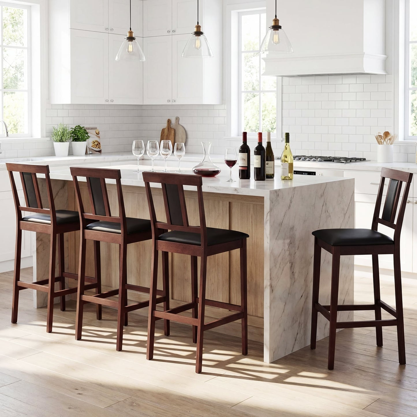 Upholstered Barstool Set, 29.5 Inch Bar Height, Solid Rubber Wood Frame, Walnut Bar Stools at Gallery Canada