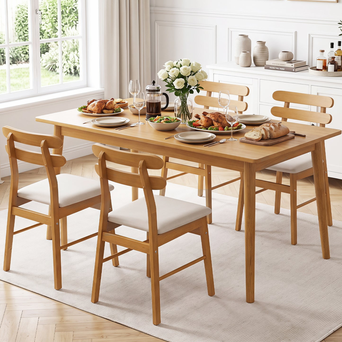 4 Upholstered Dining Chairs, Padded Seat, Wood Legs, Natural