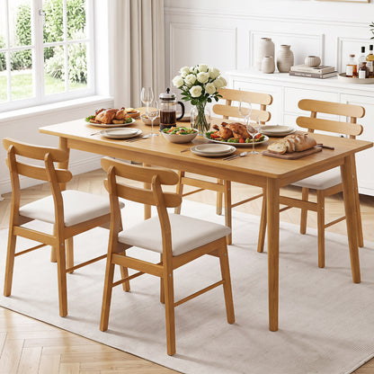4 Upholstered Dining Chairs, Padded Seat, Wood Legs, Natural