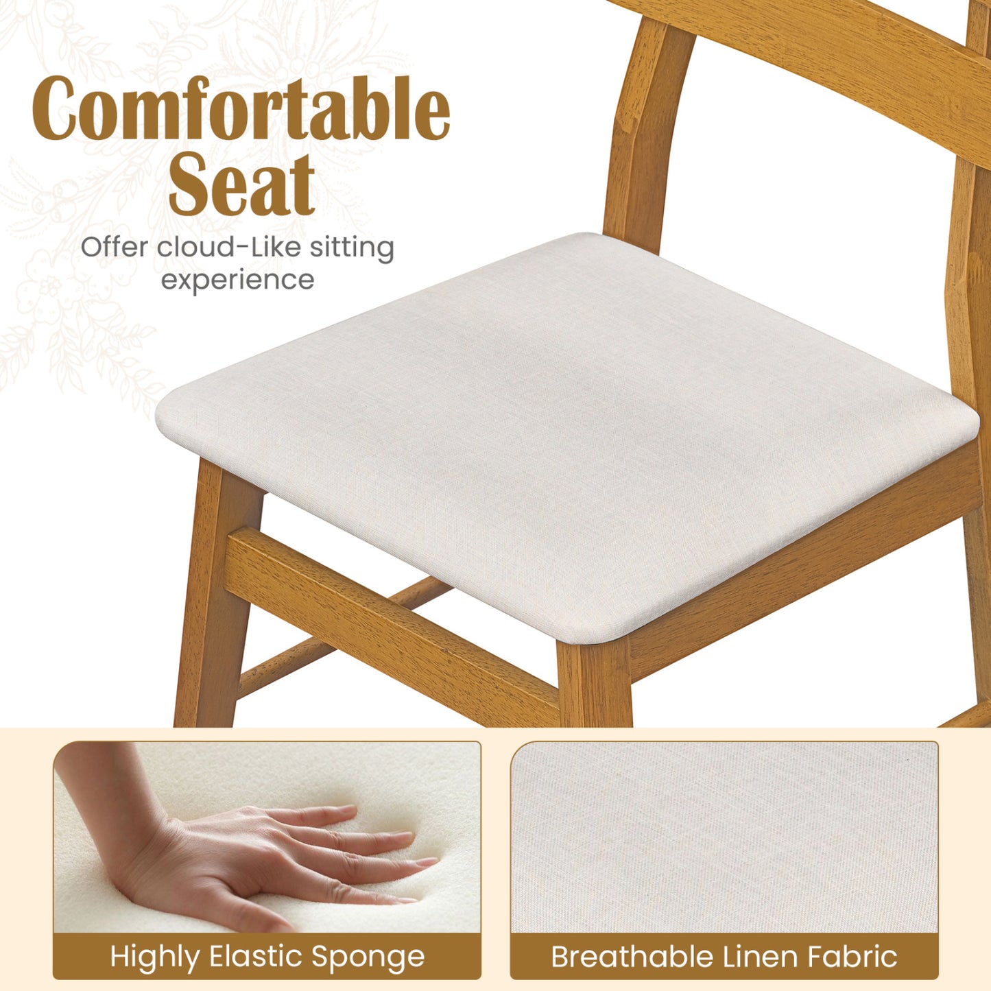 4 Upholstered Dining Chairs, Padded Seat, Wood Legs, Natural
