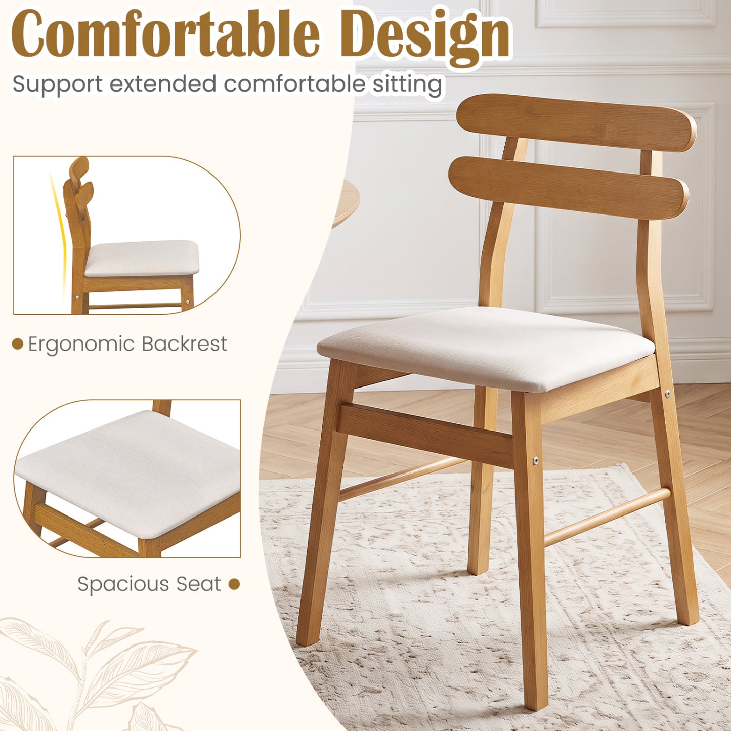 4 Upholstered Dining Chairs, Padded Seat, Wood Legs, Natural