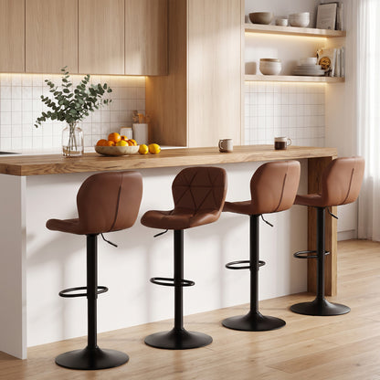 4 Upholstered Swivel Bar Stools, Adjustable Height, Brown
