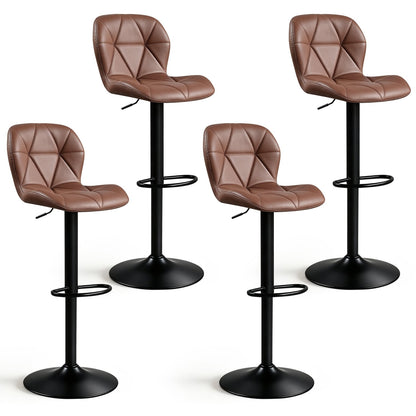 4 Upholstered Swivel Bar Stools, Adjustable Height, Brown