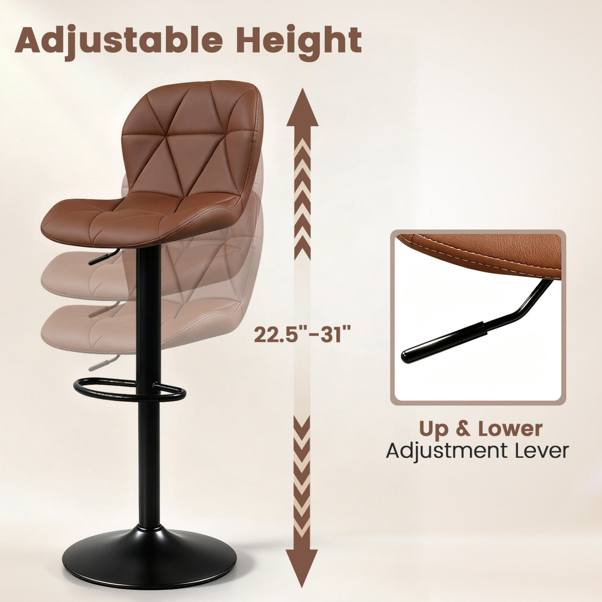 4 Upholstered Swivel Bar Stools, Adjustable Height, Brown