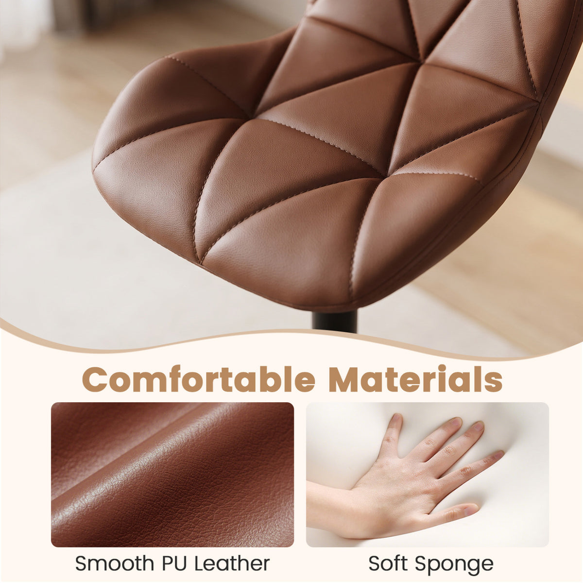 4 Upholstered Swivel Bar Stools, Adjustable Height, Brown