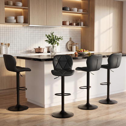4 Upholstered Swivel Bar Stools, Adjustable, Curved Backs, Black