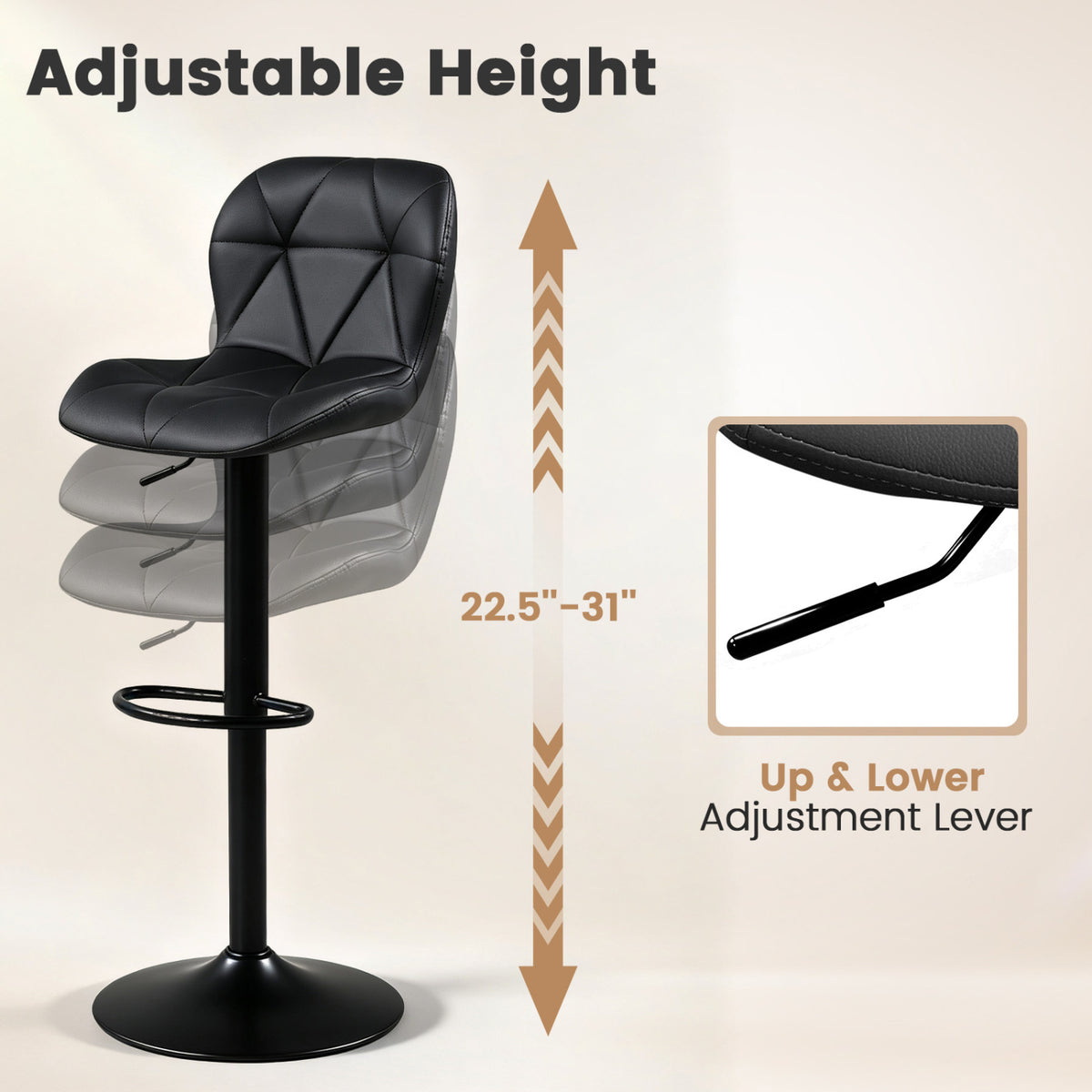 4 Upholstered Swivel Bar Stools, Adjustable, Curved Backs, Black