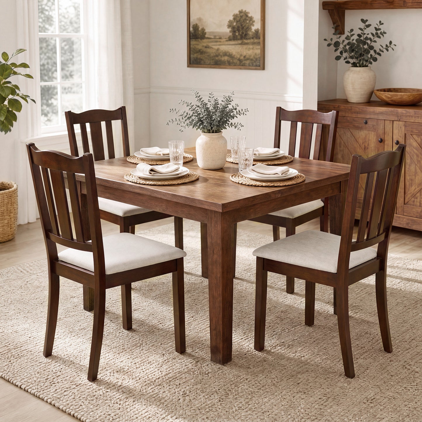 4 Wooden Dining Chairs, Hollow Back, Soft-Padded Cushion, Walnut