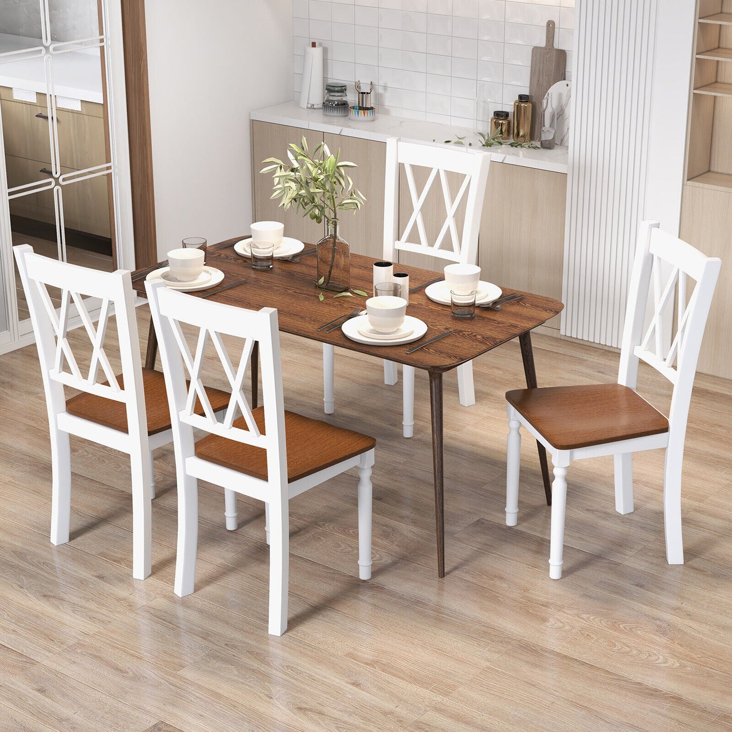 Set of 4 Wooden Farmhouse Kitchen Chairs with Rubber Wood Seat, Walnut Dining Chairs at Gallery Canada