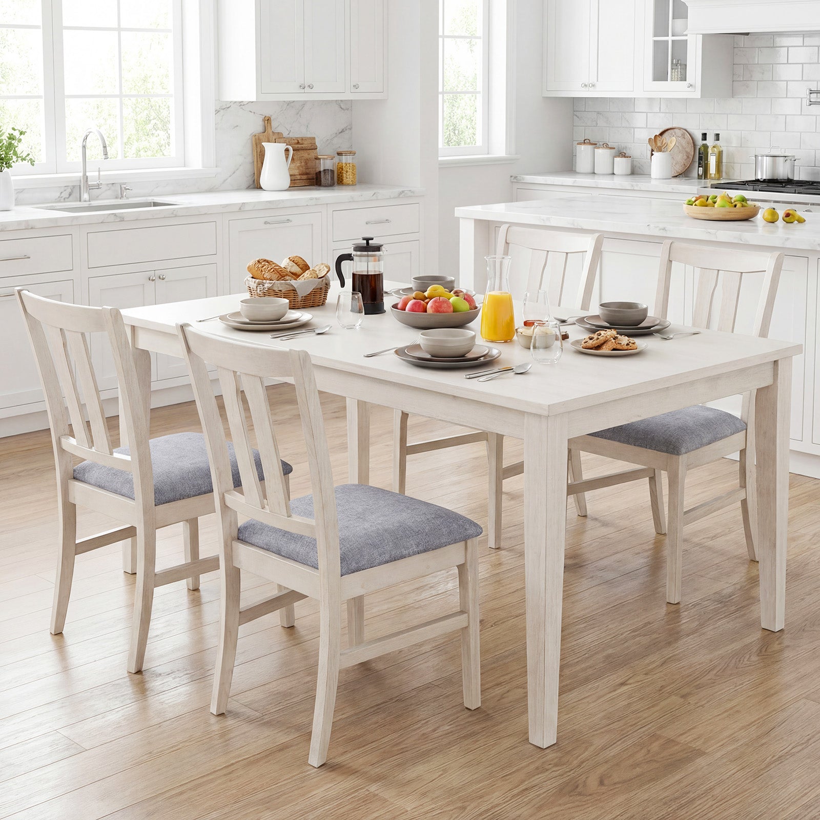 Set of 4 Wooden Upholstered Dining Chairs, High Curved Back, Gray Dining Chairs at Gallery Canada