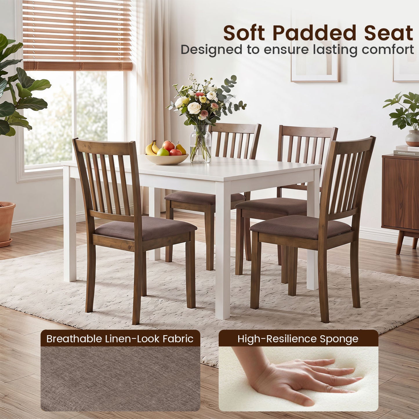 Set Of 4 Wooden Upholstered Dining Chairs, Brown