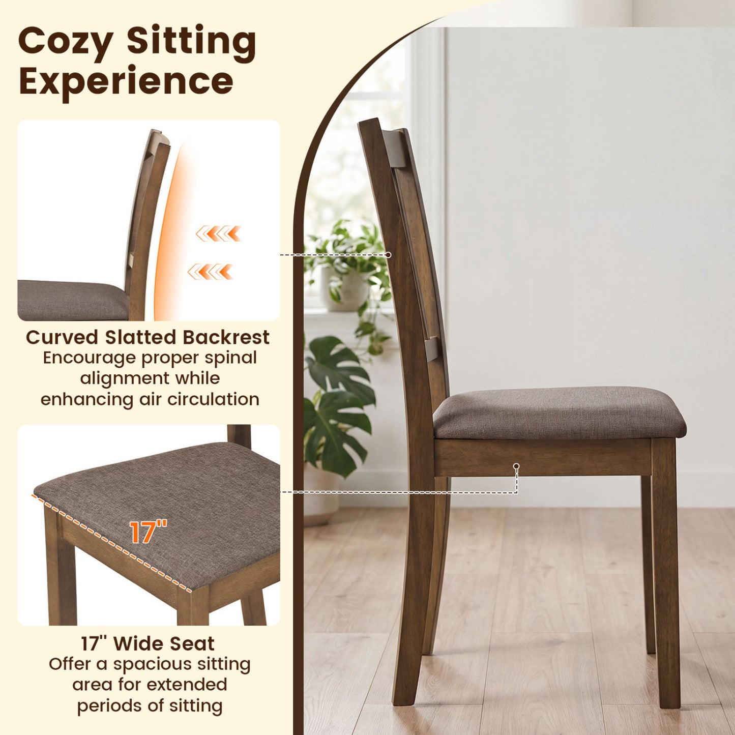 Set Of 4 Wooden Upholstered Dining Chairs, Brown