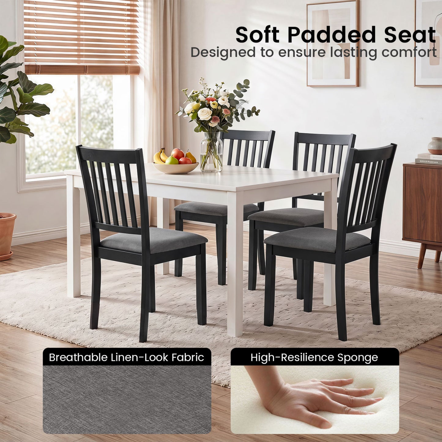 Set Of 4 Wooden Upholstered Dining Chairs, Black