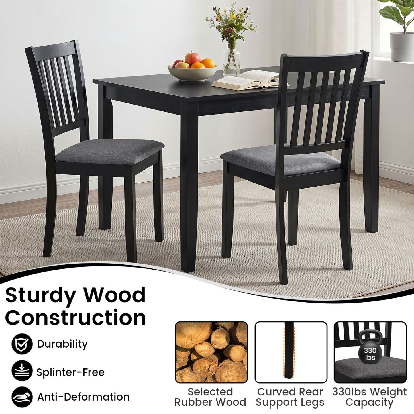 Set Of 4 Wooden Upholstered Dining Chairs, Black
