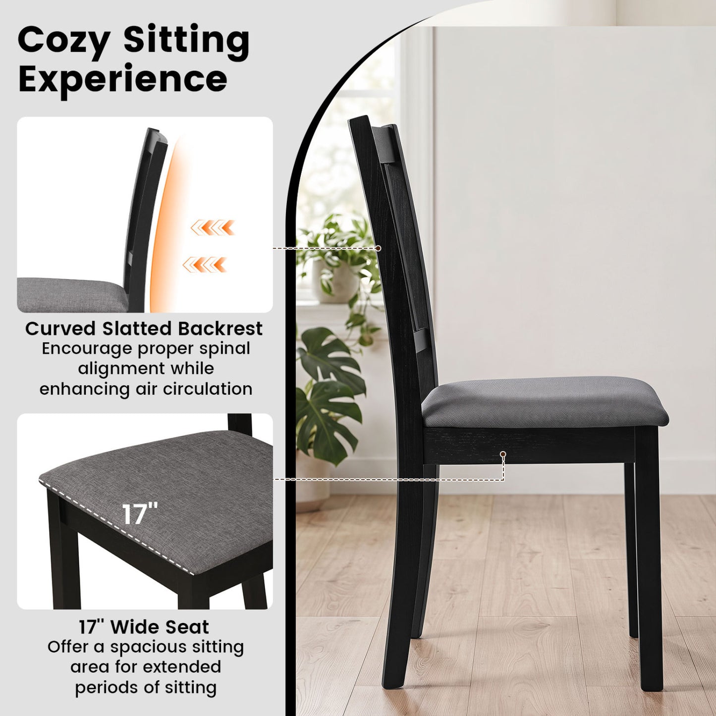 Set Of 4 Wooden Upholstered Dining Chairs, Black