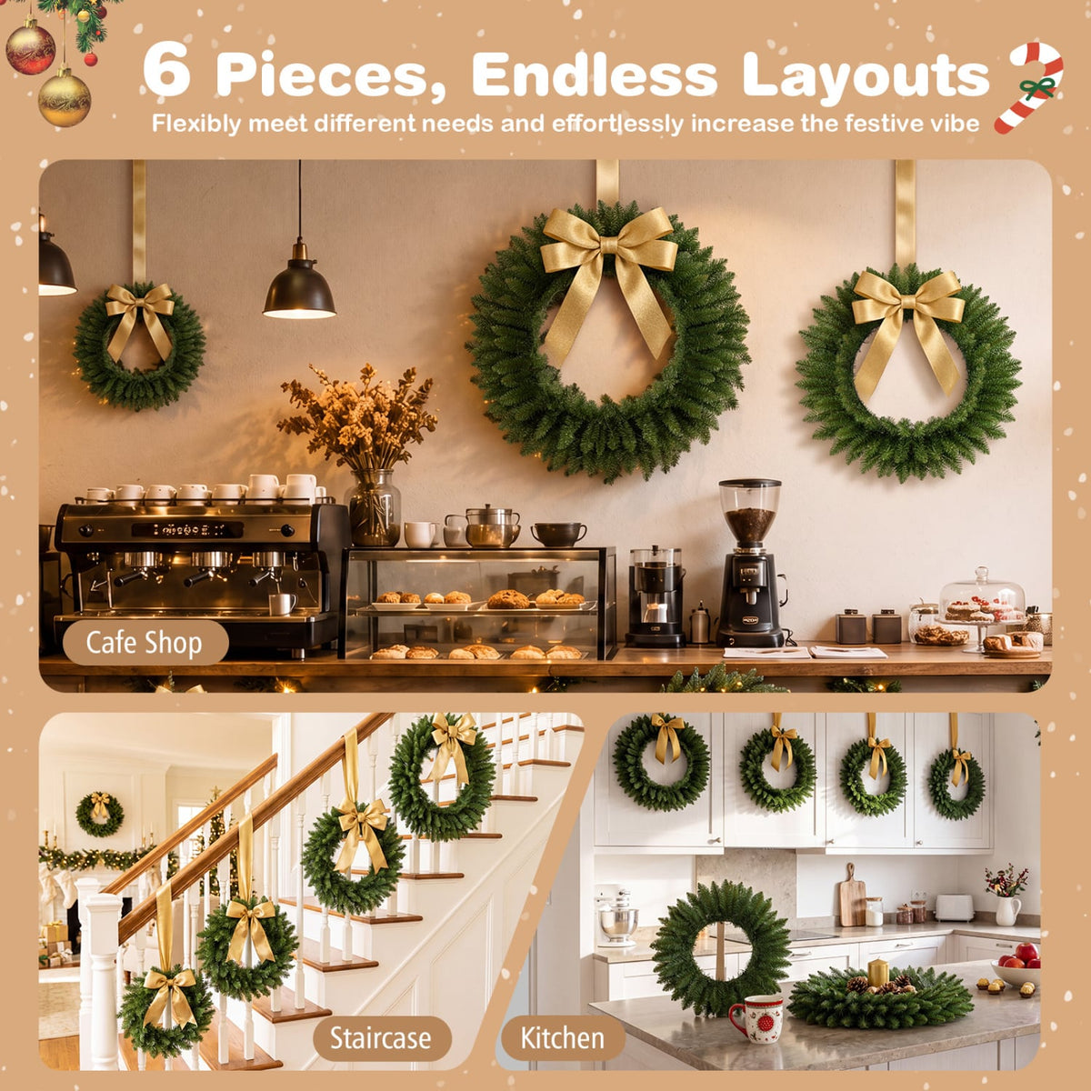 Couronnes de Noël artificielles, lot de 6, vert