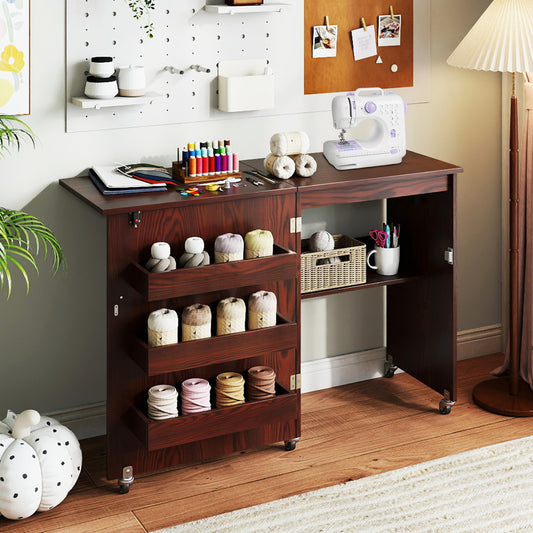 Sewing Machine Table With Charging Station, Lockable Casters, Brown Sewing Tables Brown at Gallery Canada