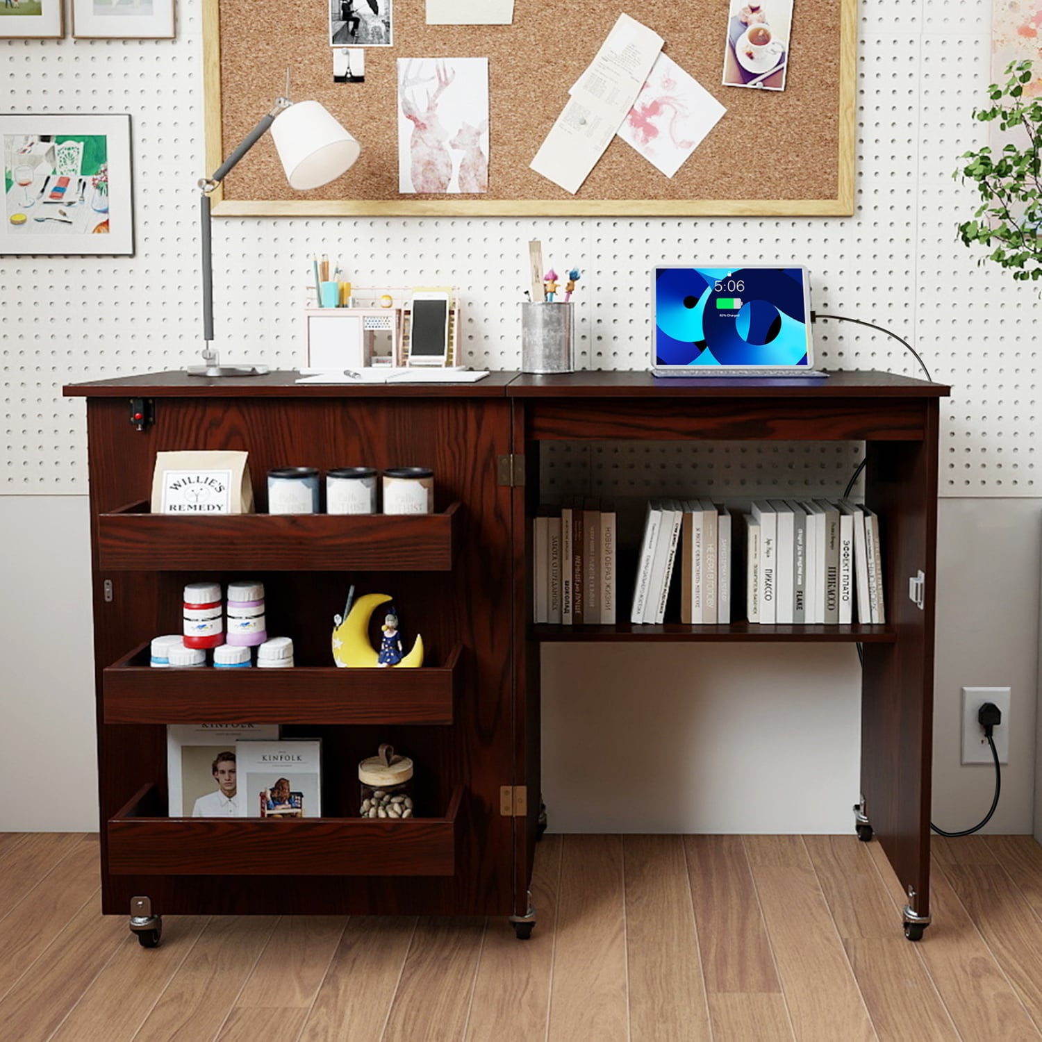 Sewing Machine Table With Charging Station, Lockable Casters, Brown Sewing Tables at Gallery Canada