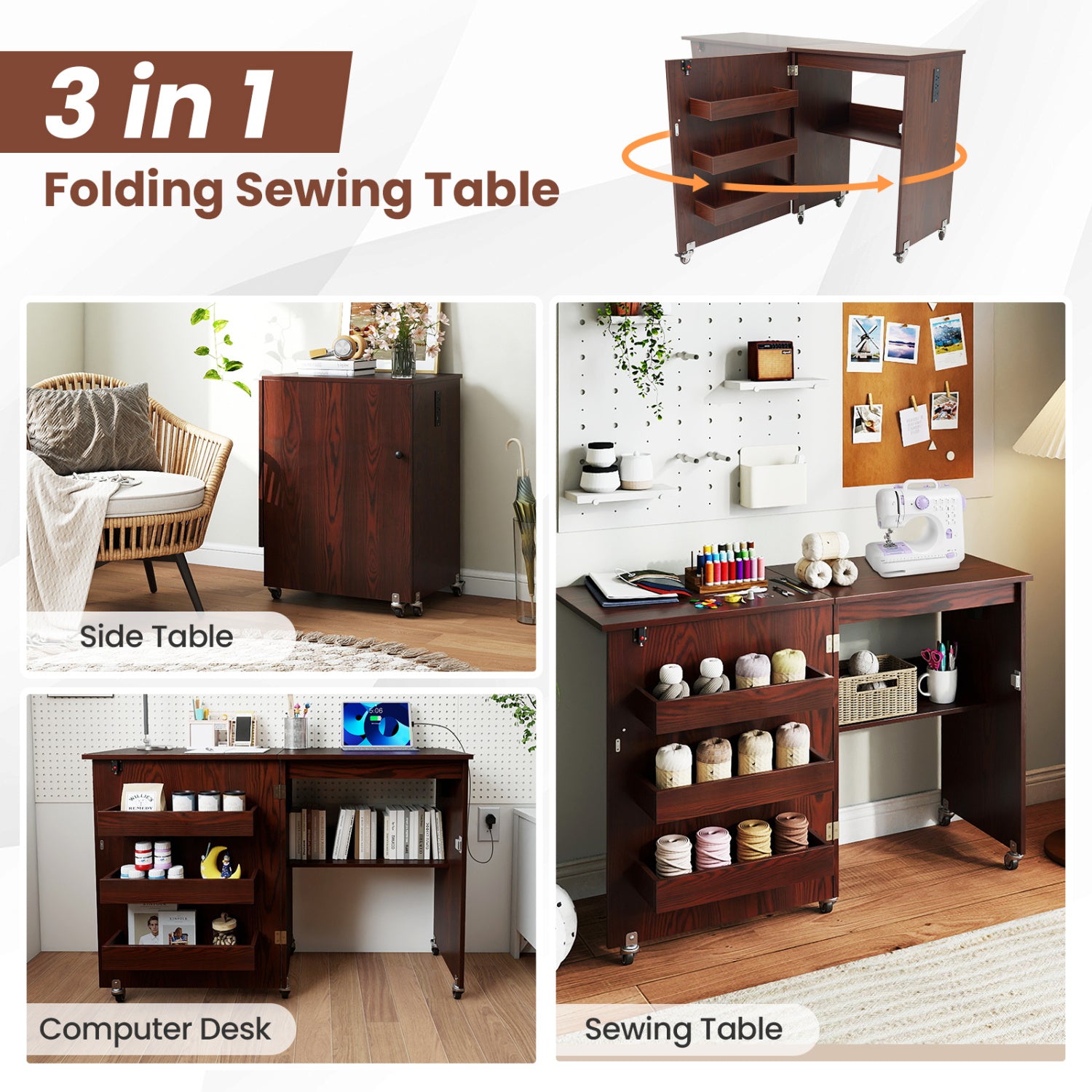 Sewing Machine Table With Charging Station, Lockable Casters, Brown Sewing Tables at Gallery Canada
