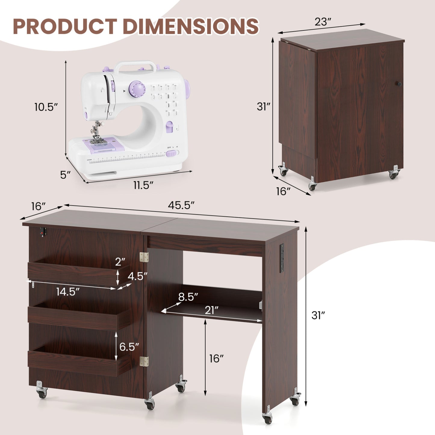 Sewing Machine Table With Charging Station, Lockable Casters, Brown Sewing Tables at Gallery Canada