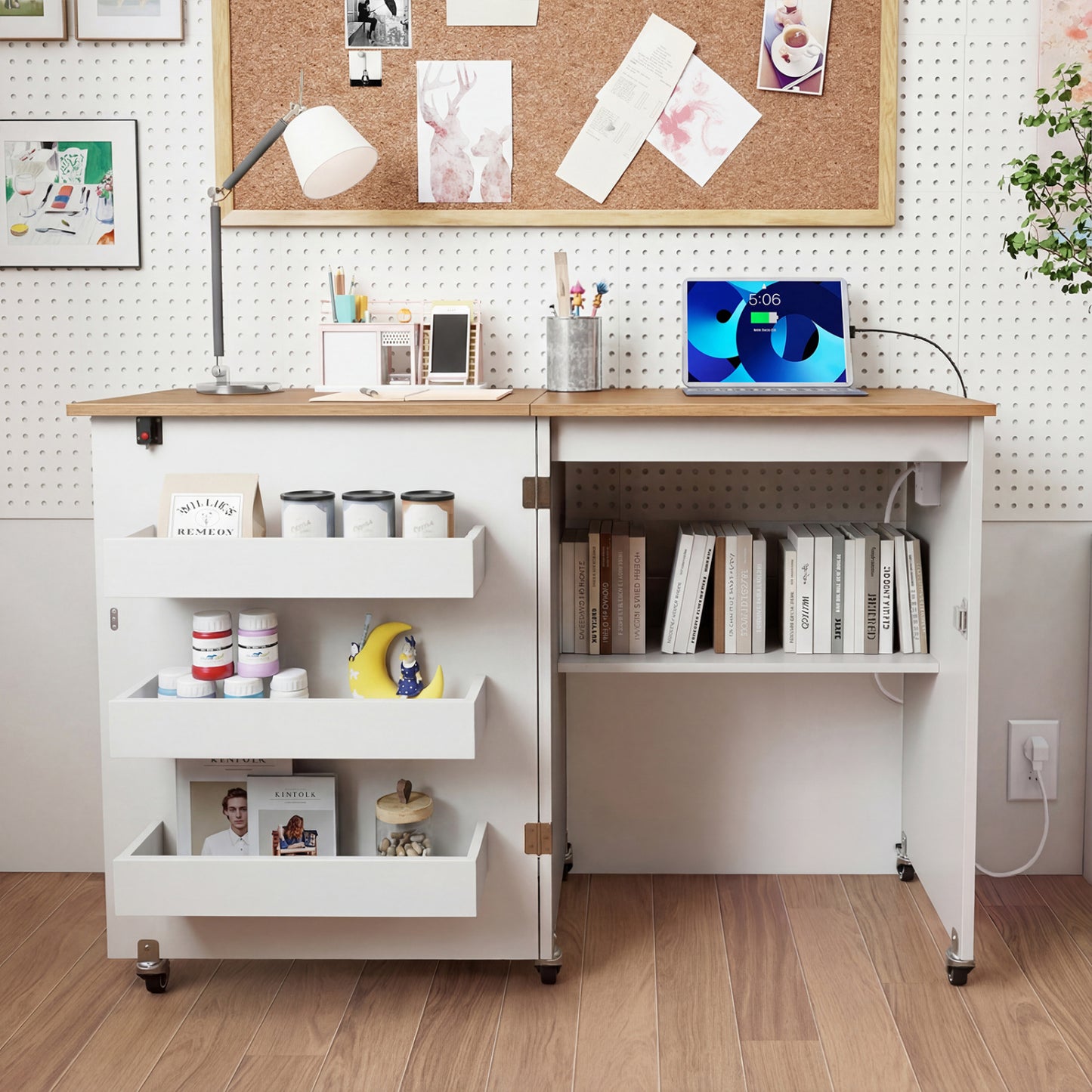 Sewing Machine Table, Charging Station, Lockable Casters, White Sewing Tables at Gallery Canada