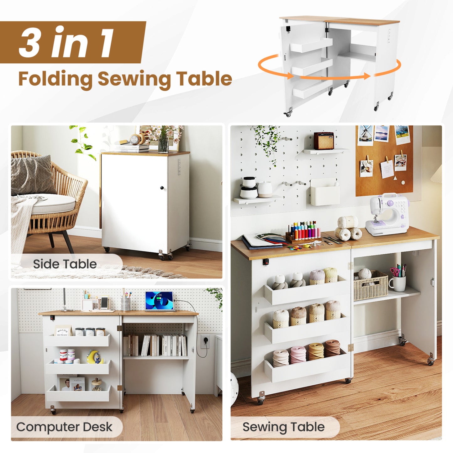 Sewing Machine Table, Charging Station, Lockable Casters, White Sewing Tables at Gallery Canada