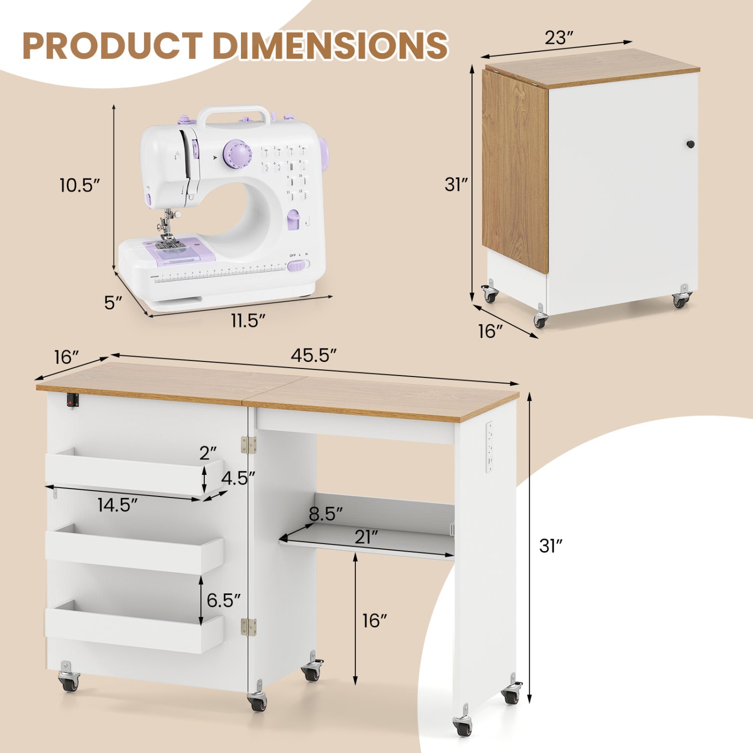 Sewing Machine Table, Charging Station, Lockable Casters, White Sewing Tables at Gallery Canada