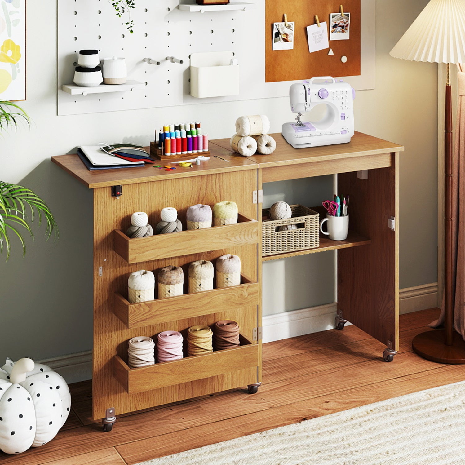 Sewing Machine Table With Charging Station, Lockable Casters, Natural Sewing Tables at Gallery Canada
