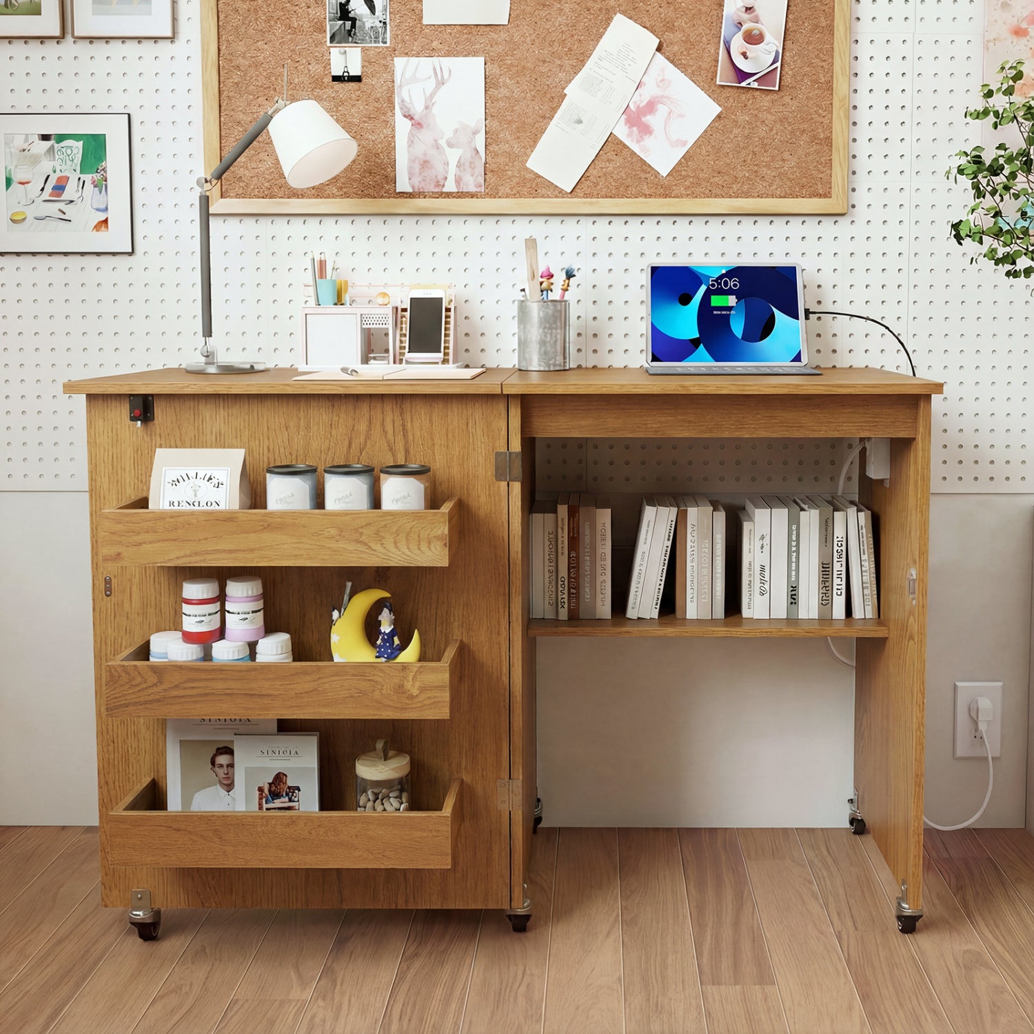 Sewing Machine Table With Charging Station, Lockable Casters, Natural Sewing Tables at Gallery Canada