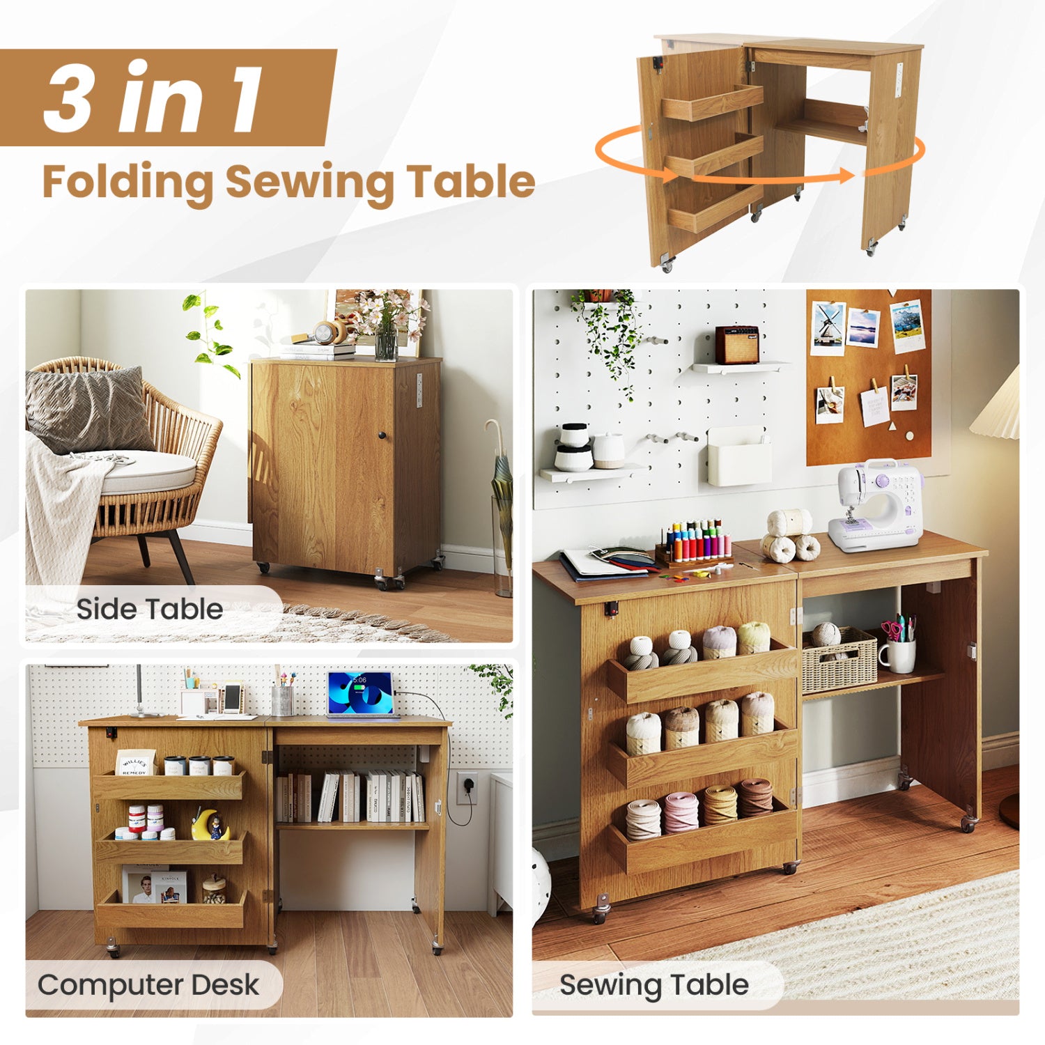 Sewing Machine Table With Charging Station, Lockable Casters, Natural Sewing Tables at Gallery Canada