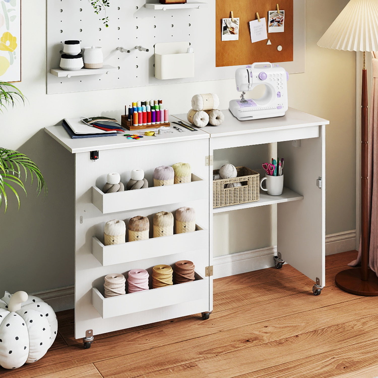 Sewing Machine Table With Charging Station, Lockable Casters, White Sewing Tables at Gallery Canada