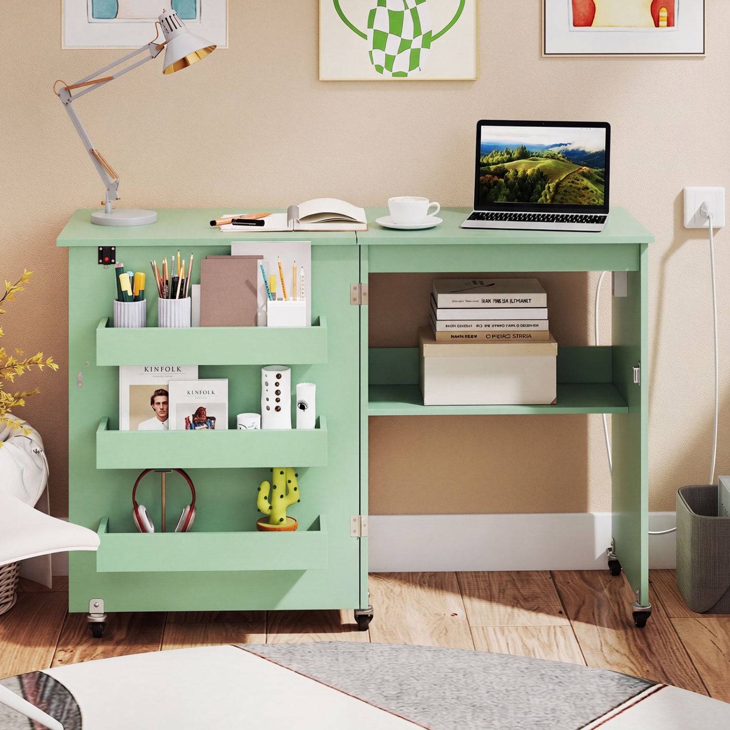 Sewing Machine Table, Charging Station, Lockable Casters, Green Sewing Tables at Gallery Canada