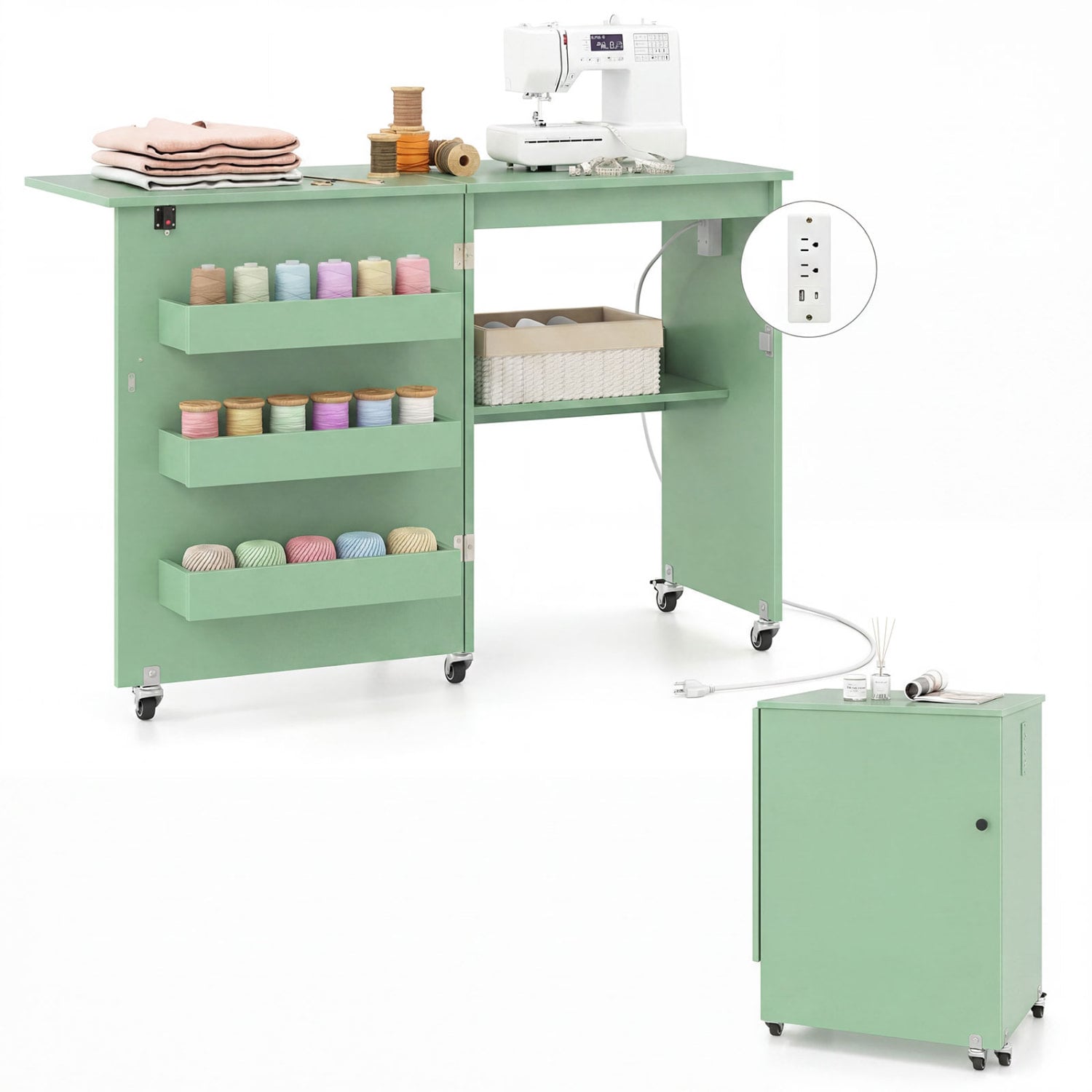 Sewing Machine Table, Charging Station, Lockable Casters, Green Sewing Tables Green at Gallery Canada