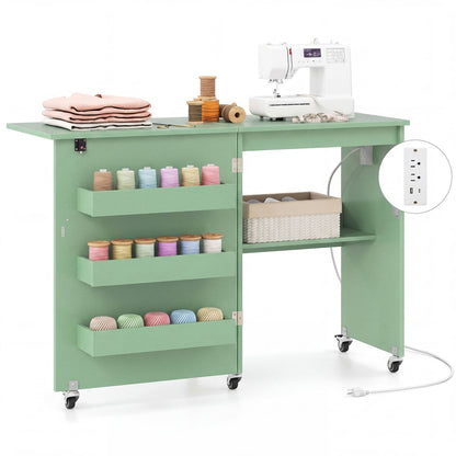 Sewing Machine Table, Charging Station, Lockable Casters, Green Sewing Tables at Gallery Canada