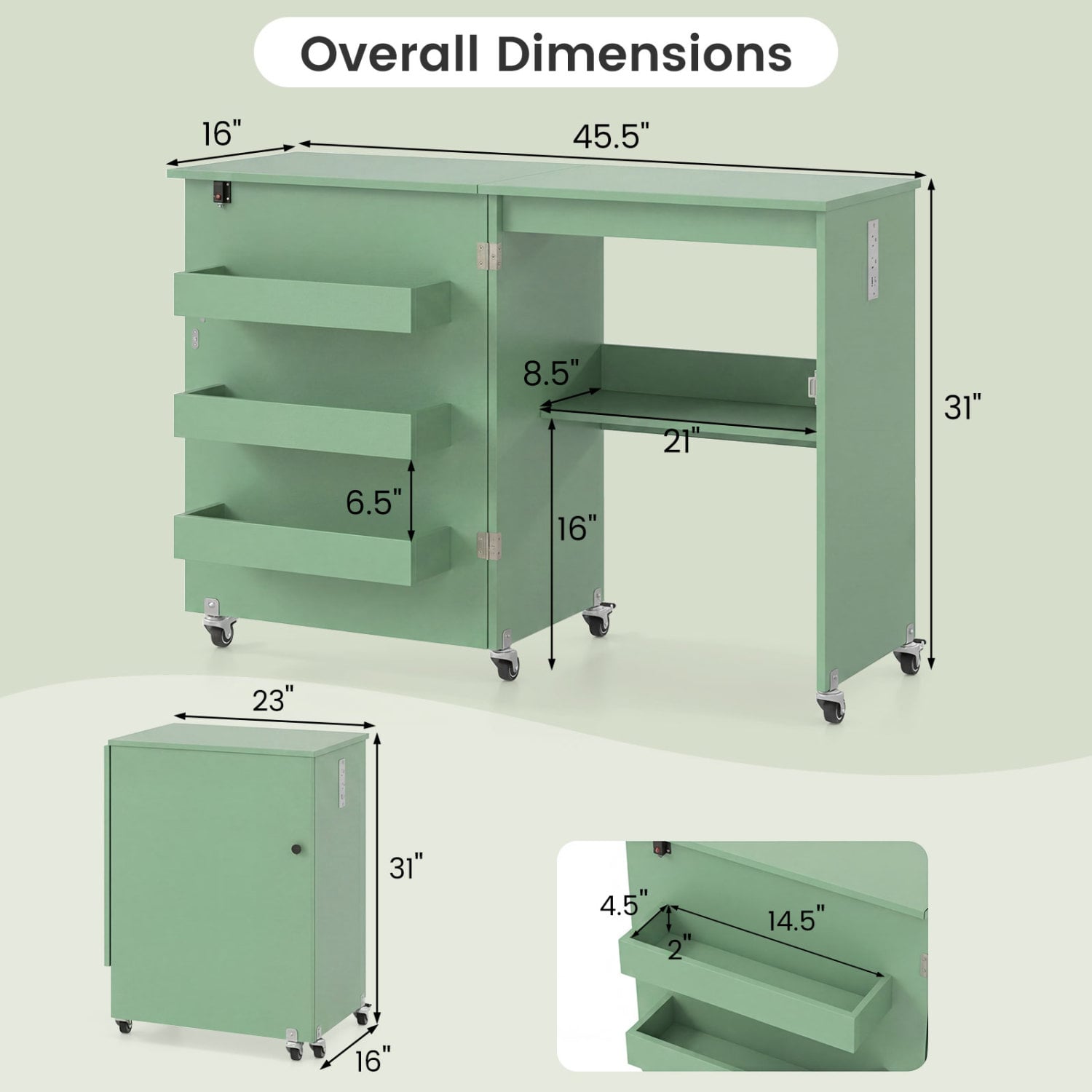 Sewing Machine Table, Charging Station, Lockable Casters, Green Sewing Tables at Gallery Canada