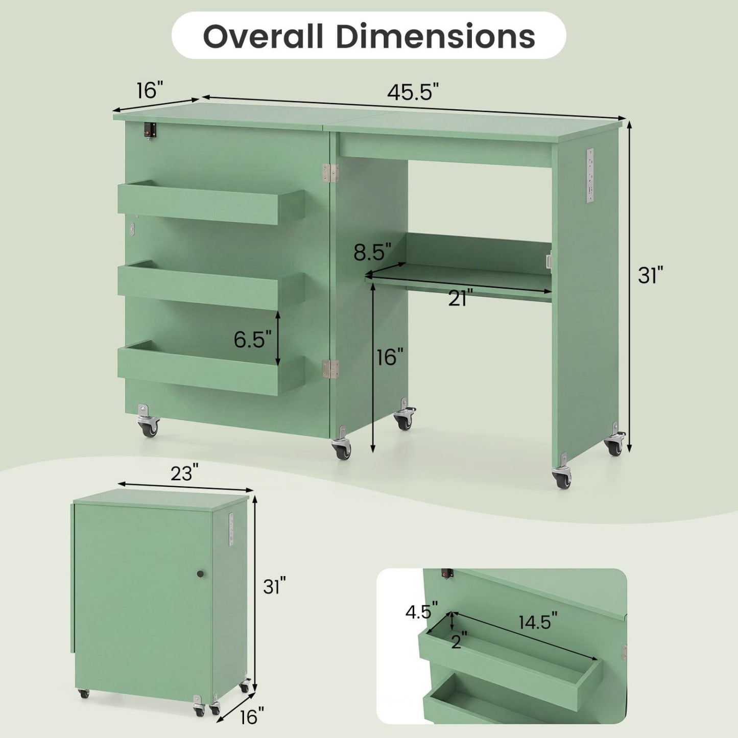 Sewing Machine Table, Charging Station, Lockable Casters, Green Sewing Tables at Gallery Canada
