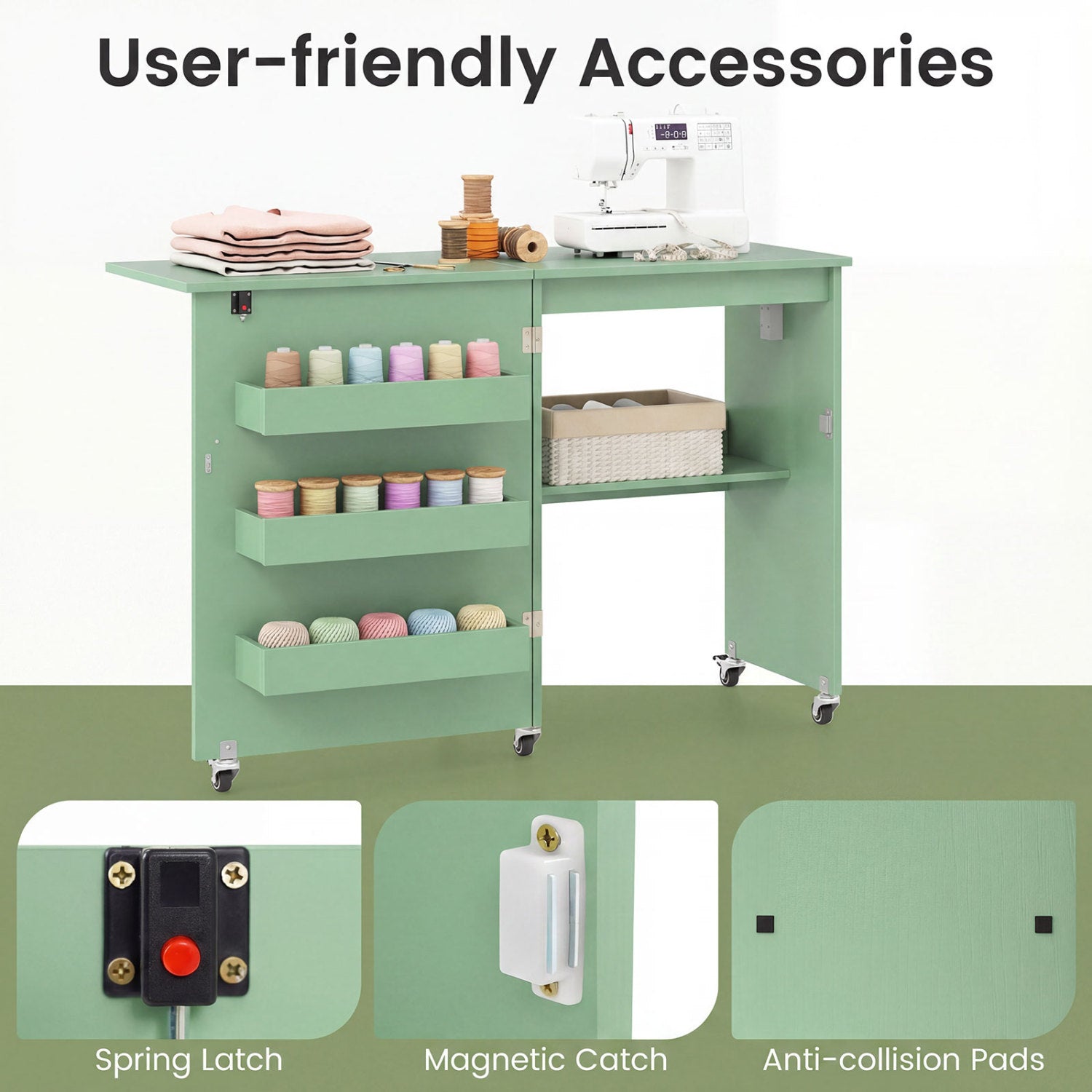 Sewing Machine Table, Charging Station, Lockable Casters, Green Sewing Tables at Gallery Canada