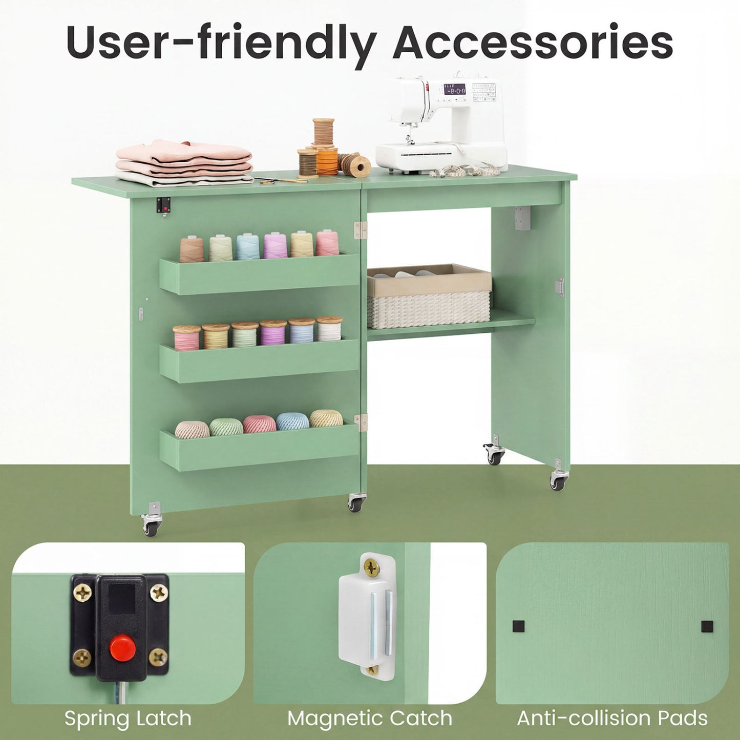 Sewing Machine Table, Charging Station, Lockable Casters, Green Sewing Tables at Gallery Canada